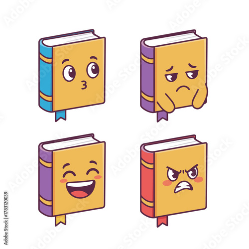 Set of Cartoon Book Characters Displaying Various Emotions: Pouting and Shy, Sad and Dejected, Laughing and Happy, and Angry and Grumpy, Vector Graphic Icons for Reading and Education