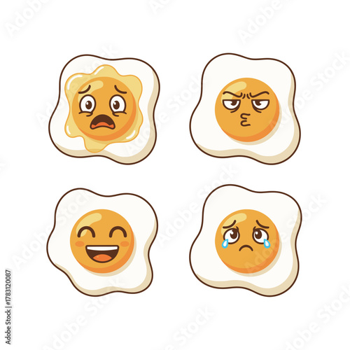 Set of Fried Egg Cartoon Characters with Various Breakfast Emotions: Anxious Fear, Angry Pout, Laughing Joy, and Crying Sadness, Vector Food Icons