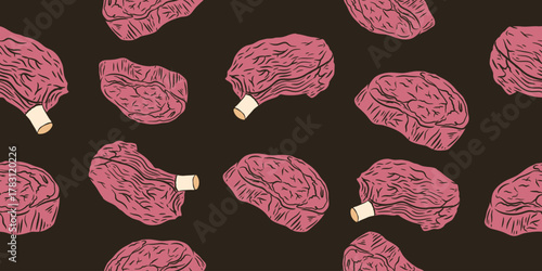 Hand drawn raw Meat beef slices pattern Seamless with bones on dark background. Suitable for food, packaging or textile design. Vector illustration.