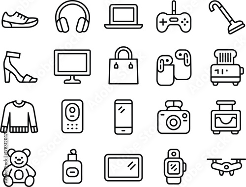 Modern line icons, tech gadgets, fashion accessories, home appliances, electronics, wearable devices, digital lifestyle, shopping, household essentials, flat icons