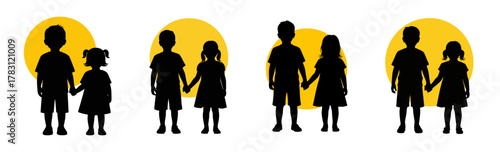 Black silhouettes of a boy and a girl holding hands against a yellow sun-like circle, repeated four times.