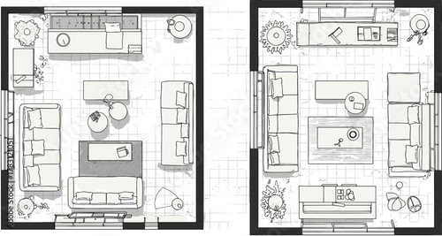 Modern living room top view interior layout, furniture plan sketch, home decor, sofa set arrangement, architecture floor plan, minimalist cozy lounge design
