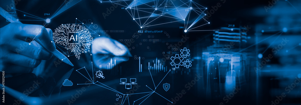 Fototapeta premium Data scientist, Software developer using AI for data analytics and engineering, digital technology. AI technology with database management, cloud computing and data exchange, machine learning