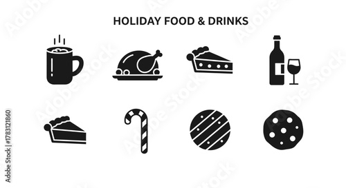 Holiday Food and Drinks Icon Set.