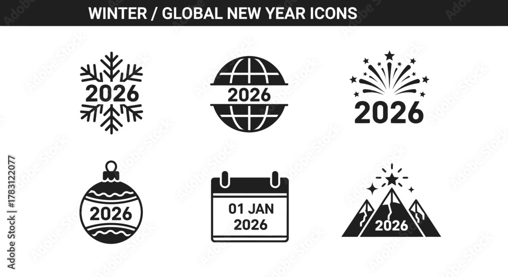 Fototapeta premium Winter Global New Year Icons Set for 2026 Celebrations.