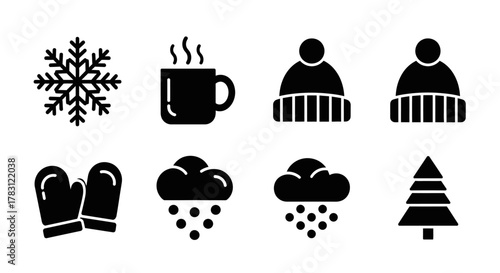 Winter season icons set with snowflake, hot drink, hat, mittens, snow cloud, and Christmas tree.