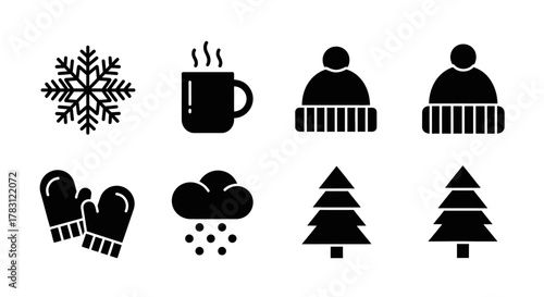 Winter season icons set with snowflake hot drink hat mittens snow cloud and pine trees.