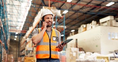 Foto Businessman, phone call or logistics with tablet for inventory, checklist or communication in depot