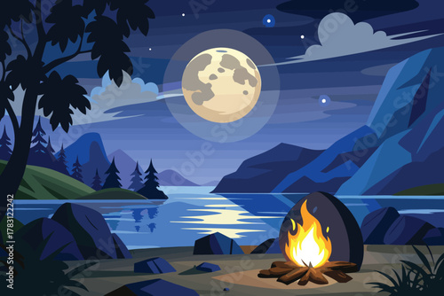 Idyllic camping adventure scene with a warm bonfire on a rocky shore, overlooking water and mountains under a starry sky