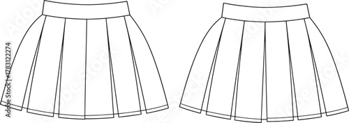Cad drawing flat vector illustration, pleated skirt template front and back view, fashion technical sketch, clothing design, apparel flat mockup
