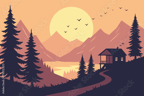 A tranquil illustration of a secluded cabin nestled in a mountain valley by a lake during a warm sunset