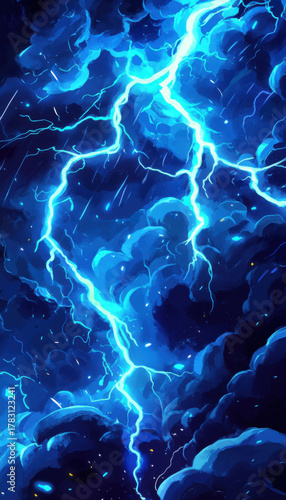 Intense electric blue lightning bolt strikes through dark stormy clouds at night