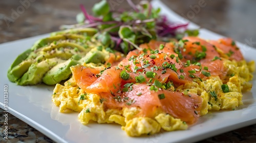 Smoked salmon avocado scrambled eggs or omelets styled