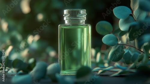 Clear glass bottle filled with green liquid surrounded by eucalyptus leaves and branches