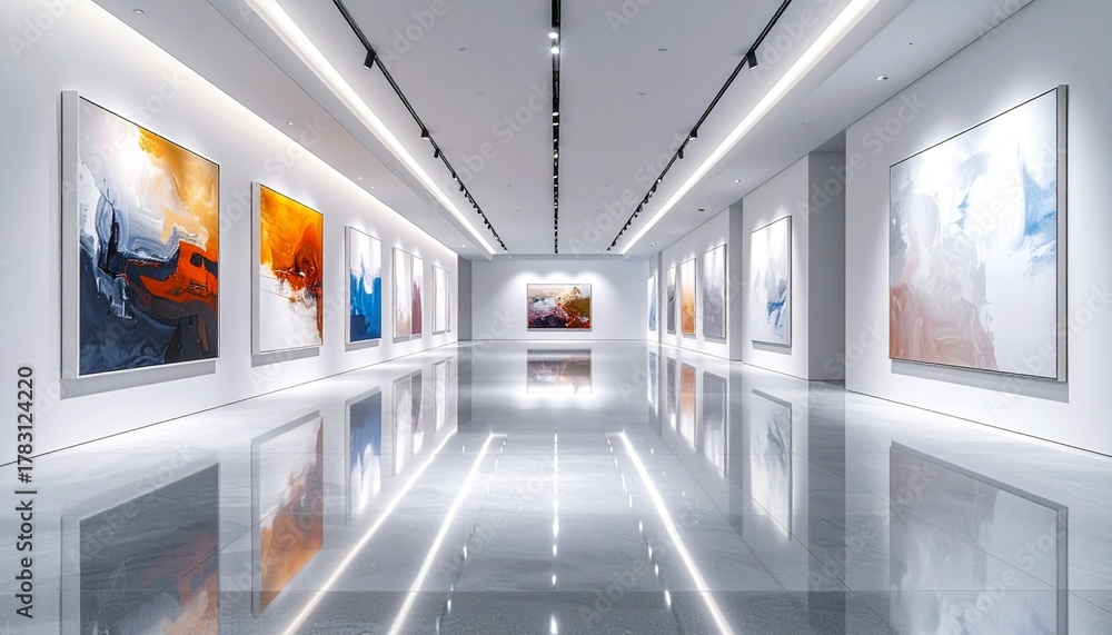 Obraz premium Modern Art Gallery with Contemporary Paintings and Reflective Flooring