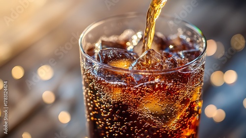 Soft drink being poured into glass shot with selective focus