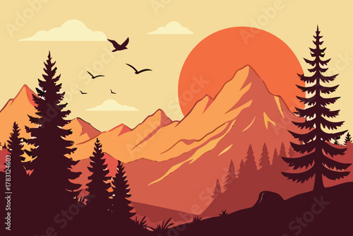 Serene vector illustration of a majestic mountain landscape at sunset, with towering peaks and pine forests, capturing the tranquil concept of nature's beauty and vastness