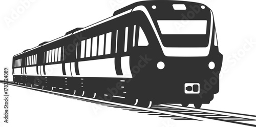 Modern passenger train silhouette on railway tracks, high-speed transportation, public transit, train travel, railway system, commuter train, urban transport