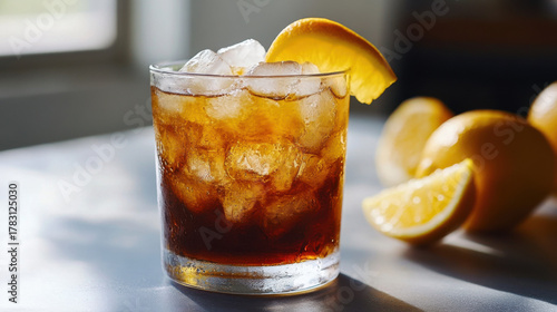 Refreshing iced cocktail with orange slice and ice cubes on a countertop
