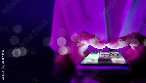 Close up of hands holding a smartphone with a colorful abstract background