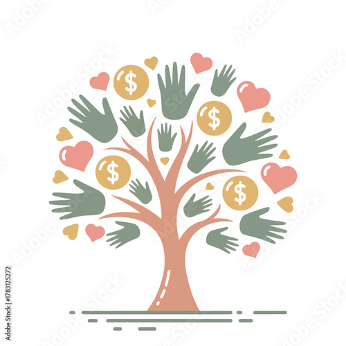 National Philanthropy Day illustration of diverse volunteers helping elderly, children, and animals, hands holding heart globe, donation box, charity event, giving back, teamwork, kindness