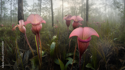 Delicate pink pitcher plants bloom in a misty pine forest at dawn