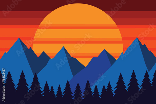 Vibrant Sunset Over Majestic Mountains with Silhouette of Pine Trees