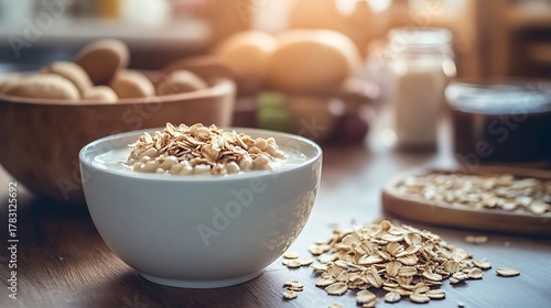 Soy milk oat flakes and on dining table ready for breakfast