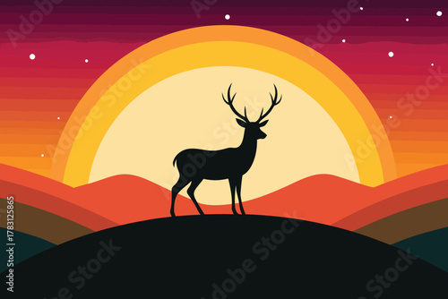 Silhouette of a majestic stag standing on a hill against a vibrant sunset with rolling hills