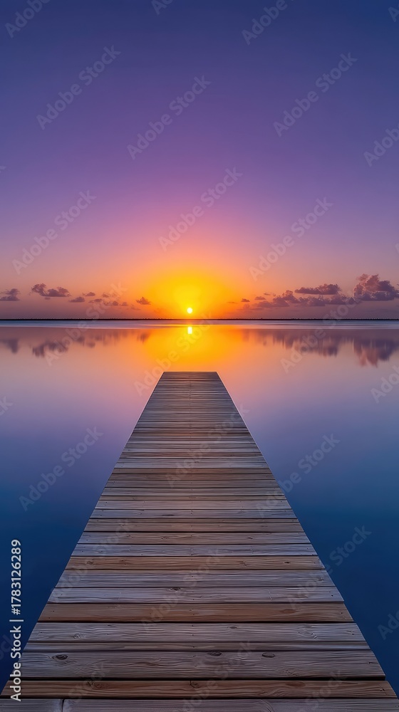 Fototapeta premium Wooden Pier Extending Towards a Vibrant Sunset Over a Calm Tropical Ocean with Purple and Orange Hues Reflected in the Water