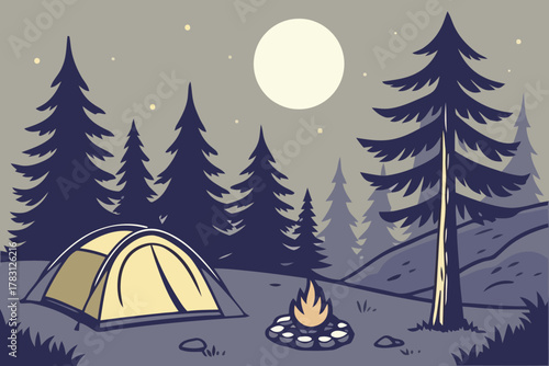 Camping Scene Under the Moon Tent, Fire, and Evergreen Trees in a Tranquil Night Landscape