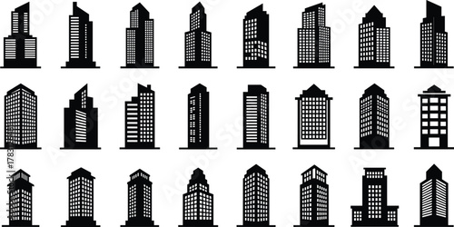 Modern skyscraper vector icons, high rise tower silhouettes, black and white buildings illustration, city skyline elements, urban architecture symbols, real estate design shapes