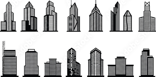 Modern skyscraper vector silhouettes, high rise office tower icons, urban building design collection, city skyline illustrations, architectural elements for real estate, business and planning