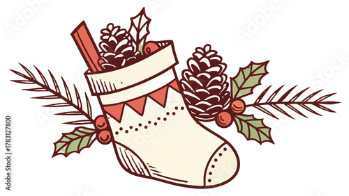 Vector Illustration of a Christmas stocking filled with pinecones, holly, and a candy cane. Festive Christmas Stocking with Pinecones and Holly