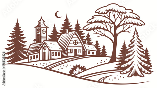 Vector silhouette of a winter village, created with a textured organic flow  aesthetic, appearing as if cut from recycled felt material. Rustic Winter Village Landscape Line Art