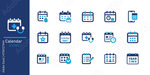 Calendar icon set. Containing date, schedule, month, week, appointment, agenda, organization and event icons. Solid icon collection. Vector illustration.