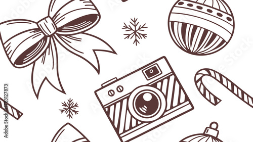 Christmas Holiday Photography Pattern Elements. Vector pattern of hand-drawn, sketchbook style holiday icons, including a retro-style ornament and a striped bow, with a rough, 