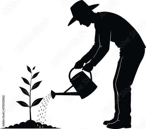 Silhouette of person watering plant, agriculture and gardening care, eco-friendly lifestyle, nurturing growth concept, cad drawing flat vector illustration