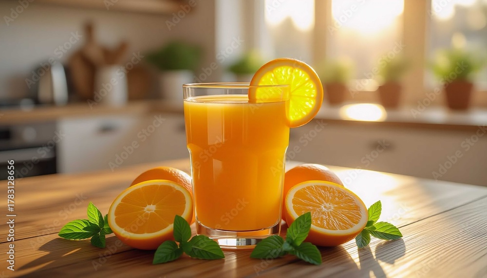 Fototapeta premium Healthy citrus drink on wooden kitchen table; natural light glows