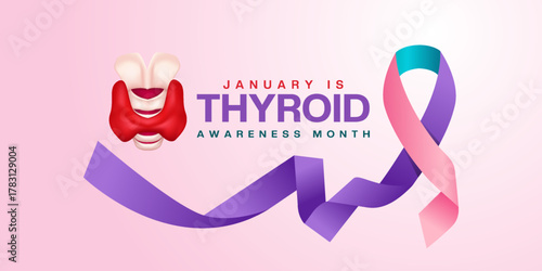January is National Thyroid Awareness Month. Thyroid and ribbon. Suitable for posters, banners and social media. Pink background.