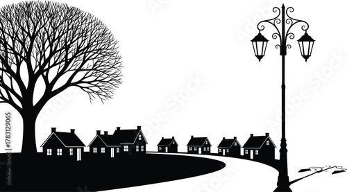 Silhouette of residential street with houses, tree and ornate street lamp, suburban neighborhood architecture, eco lifestyle, cad drawing flat vector illustration