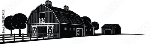 Silhouette of rural barn farm scene, traditional countryside architecture, agriculture landscape, eco-friendly lifestyle, cad drawing flat vector illustration