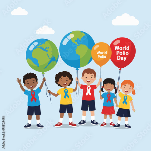 World Polio Day awareness vector illustration, global child health, vaccination protection, polio prevention, children playing, unity, bright flat colors, medical education vector