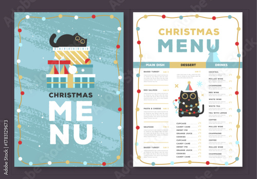 Restaurant Christmas holiday flat menu design with funny cats on blue background. Vector illustration