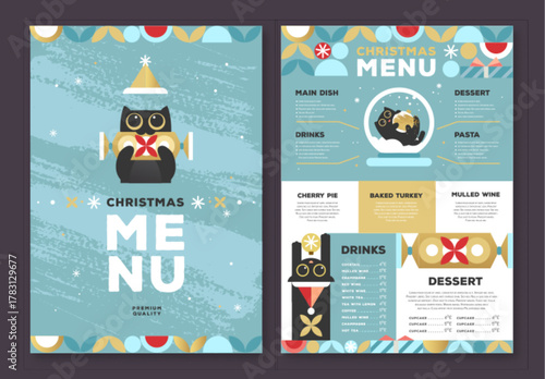 Restaurant Christmas holiday flat menu design with funny cats on blue background. Vector illustration