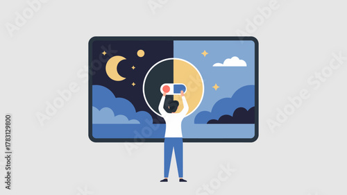 A person holding a day-night toggle switch in front of a screen showing contrasting day and night scenes.