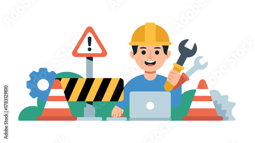Male engineer or technician working on a laptop with tools and construction elements, symbolizing maintenance or development.