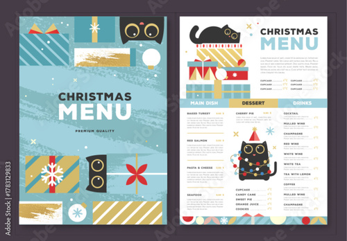 Restaurant Christmas holiday flat menu design with funny cats on blue background. Vector illustration