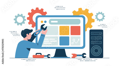 A person performing maintenance or development on a computer system with tools and gears.