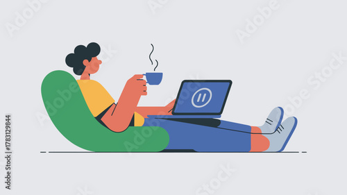 An illustration of a person relaxing on a bean bag chair, drinking coffee and using a laptop with a pause icon.